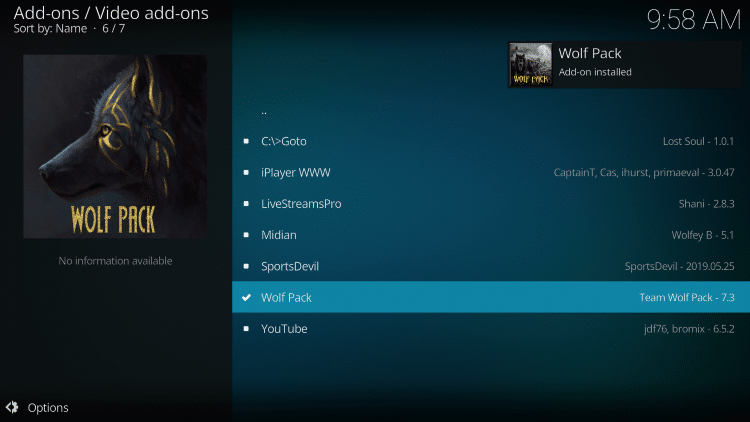 Wait a minute or two for the Wolfpack Kodi add-on to install