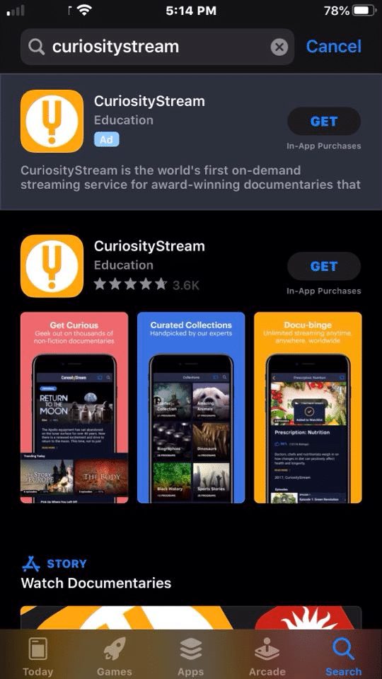 Step 1 - How to Install CuriosityStream on iOS