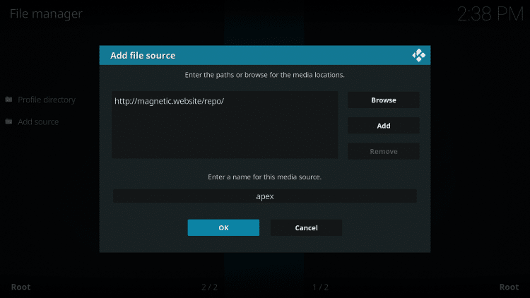 Highlight the box under the source that you just typed in and enter a name for this media source, type "apex" or any other name you would like to identify this source as and click OK