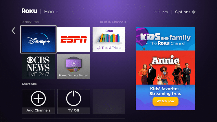 Scroll to the right within your channels list, then scroll down until you find Disney Plus.