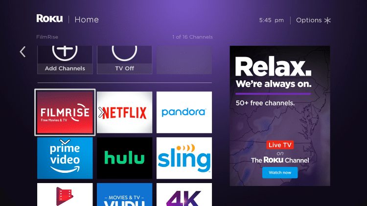 Click the OK button on your remote to place FilmRise where you prefer.