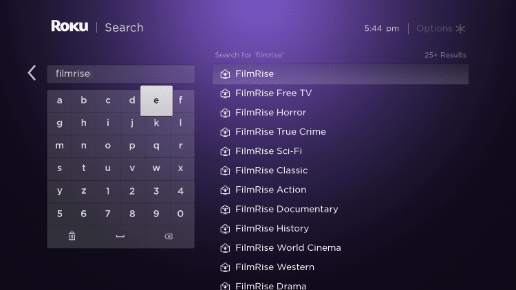 Enter in "Filmrise" within the search bar