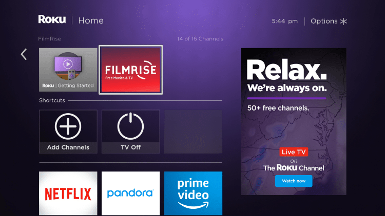 Scroll to the right within your channels list, then scroll down until you find FilmRise.