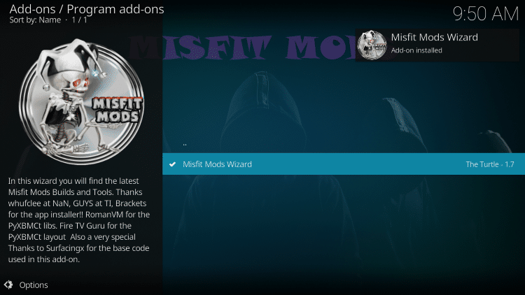 Wait a minute or two for the Misfit Mods Wizard add-on to install