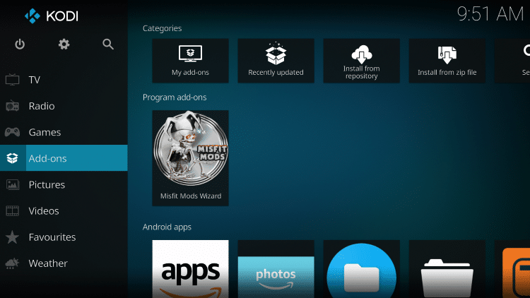 Go back to the home screen of Kodi and select Add-ons.