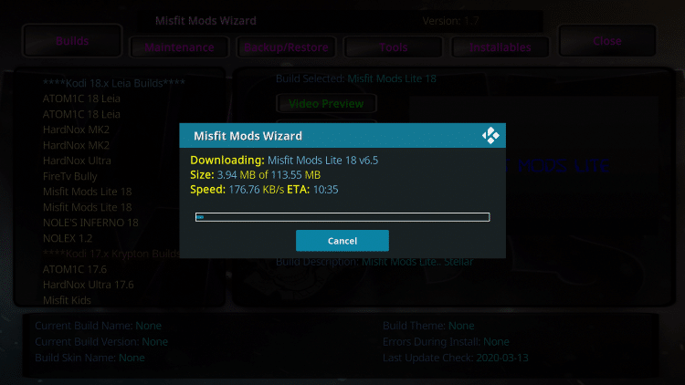 misfit mods wont download on kodi 17.3