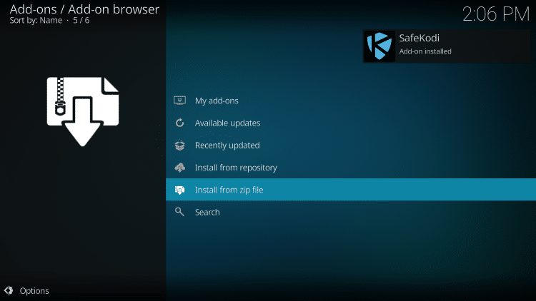 wait for safekodi addon installed message