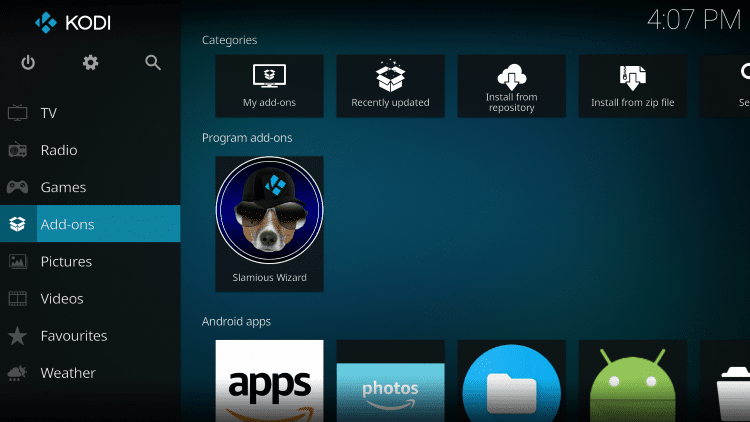 Go back to the home screen of Kodi and select Add-ons.