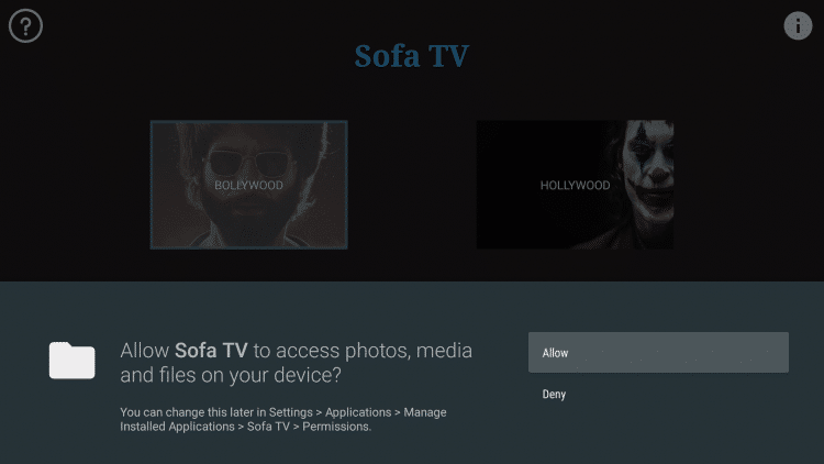 When first launching Sofa TV click Allow