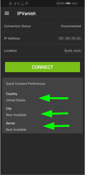 Prior to connecting you can adjust your preferred country, city, and server.