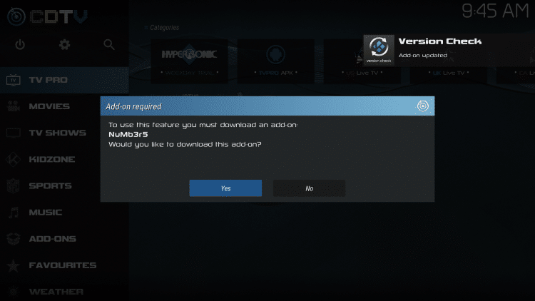If prompted with a message to install the Numbers Kodi Addon select Yes