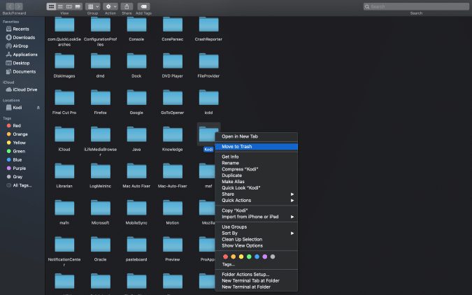 Click the Kodi folder then select Move to Trash.