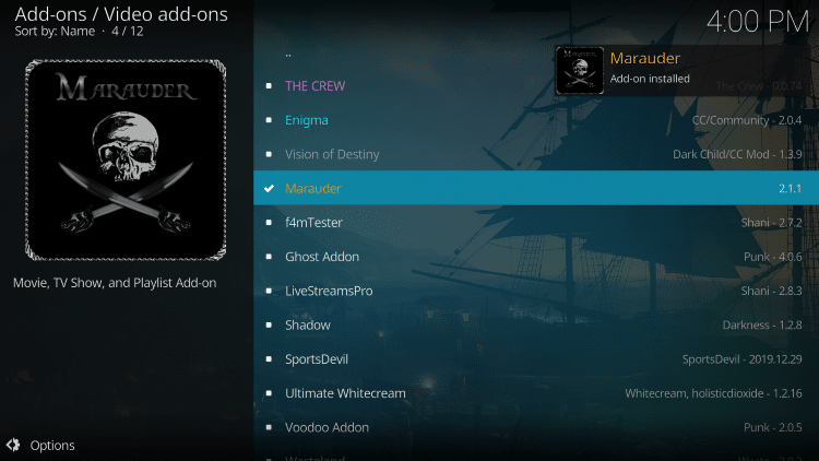 Wait for the "Marauder kodi Add-on installed" message to appear
