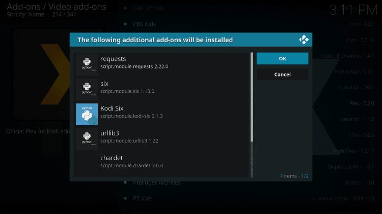 Kodi will then prompt the message below stating “The following additional add-ons will be installed”, Click OK