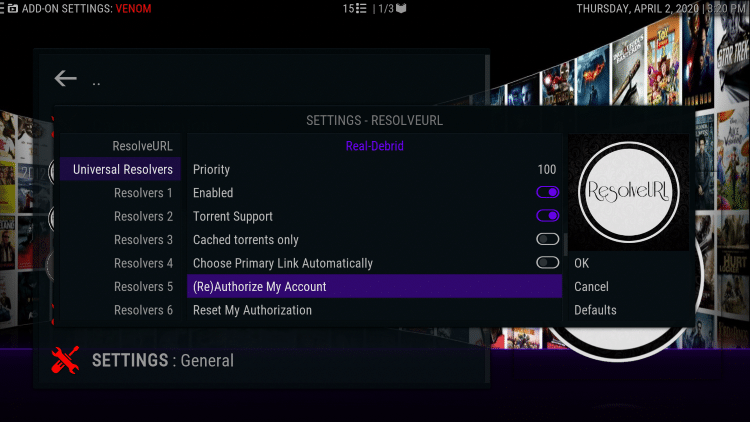 Within the Universal Resolvers menu on the left, scroll down and select (Re)Authorize My Account under the Real-Debrid heading