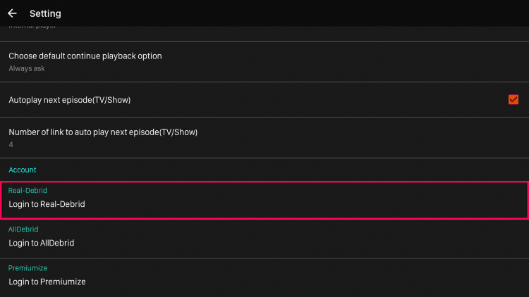 Scroll down and click Login to Real-Debrid