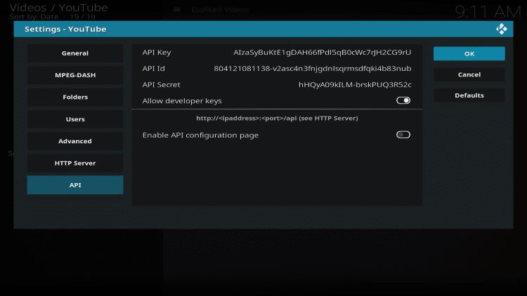 enter api info and click ok