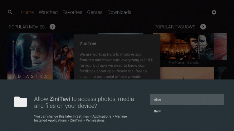 Launch ZiniTevi and click Allow