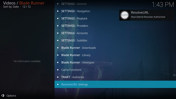 That’s it! You are now able to watch Movies and TV Shows using Real-Debrid within the Blade Runner Kodi Add-on.