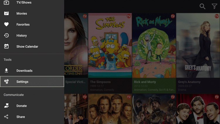 Scroll down and select Settings from the cinema apk menu