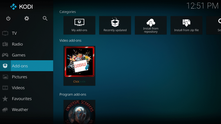 Once the ClickSville Video add-on has been installed go back to the Home screen of Kodi. Click Add-ons