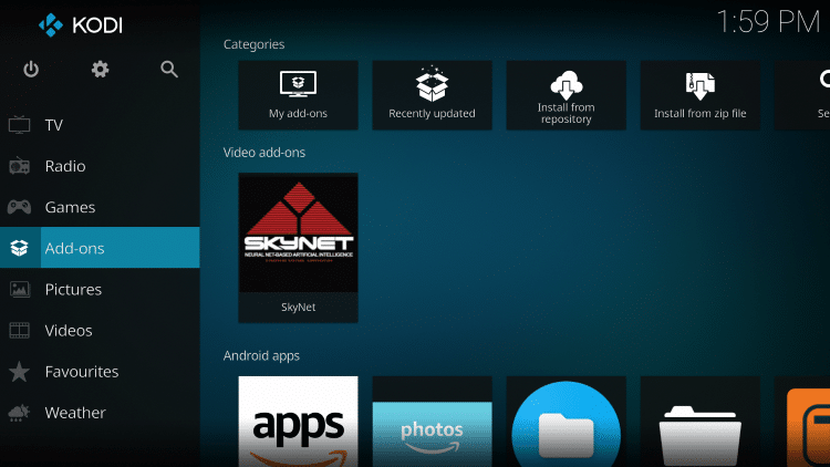 Once the SkyNet Video add-on has been installed go back to the Home screen of Kodi. Click Add-ons