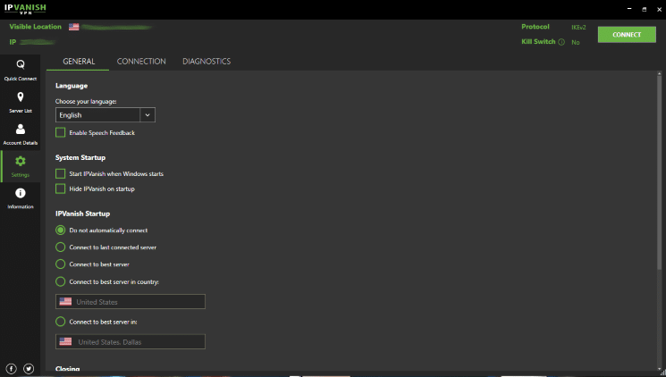 From the main menu of IPVanish VPN click Settings