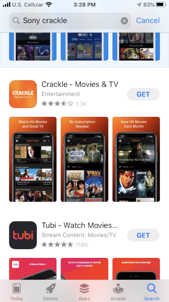 Locate the Crackle app and select GET