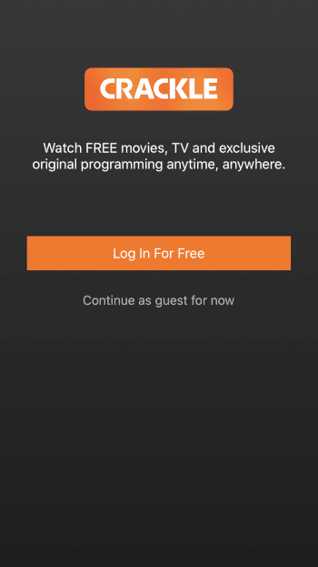 Once on the Crackle main screen you can either select "Log In For Free" or "Continue as guest for now."