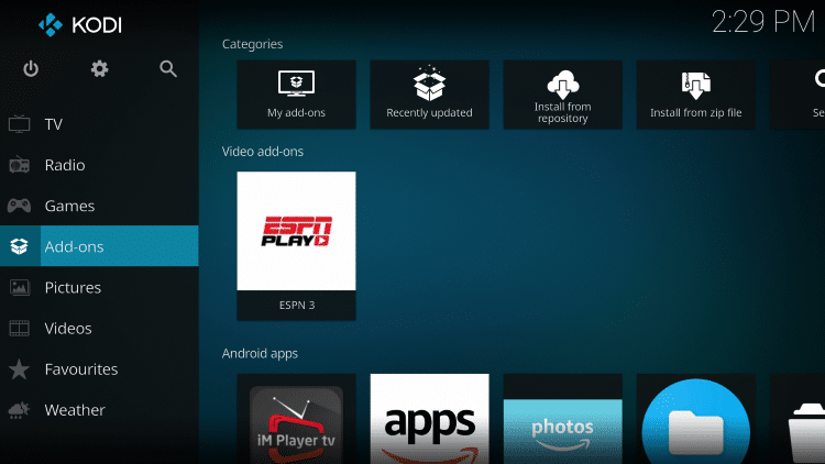 Return back to the home screen of Kodi and select add-ons