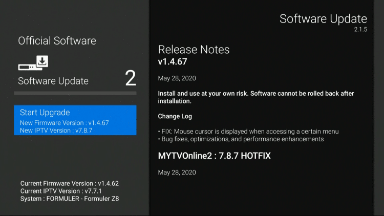 Sofware Update Screen