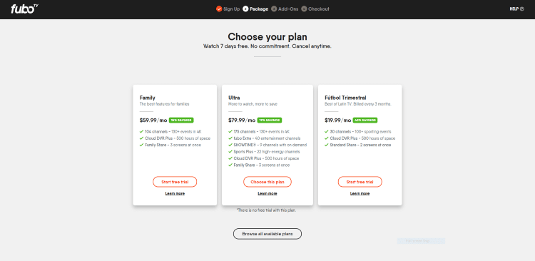 Next, choose your plan. For this example, we chose the basic Family plan on the left. Click Start free trial.