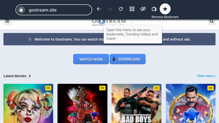 If you want to bookmark the GoStream site, click the star icon that says "Add Bookmark."