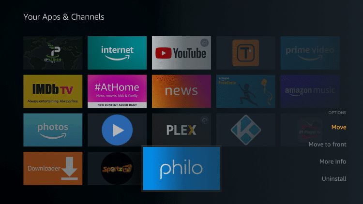 Hover over the Philo TV app and select Move