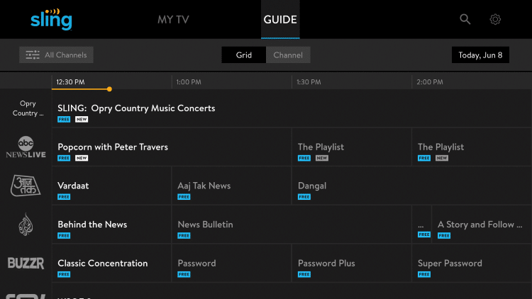 Notice the two free content options available within Sling - My TV and Guide.