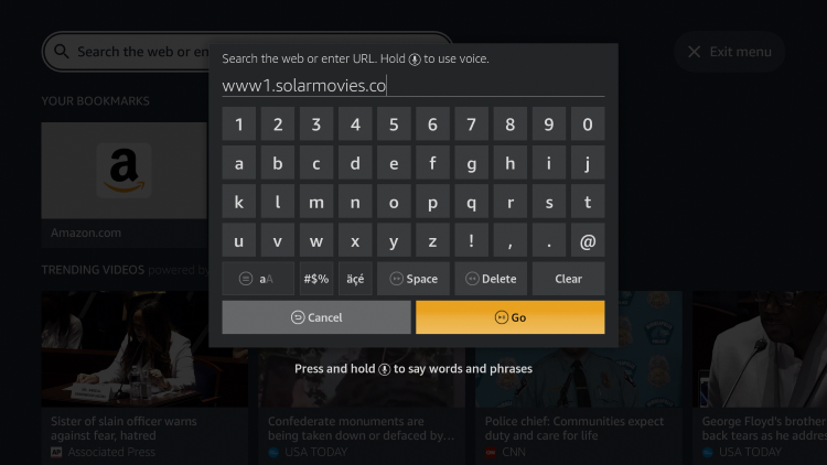 Click the Search icon and enter the following URL - www1.solarmovies.co and click Go.