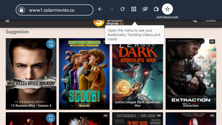 If you want to bookmark the SolarMovie website, click the star icon that says "Add Bookmark."