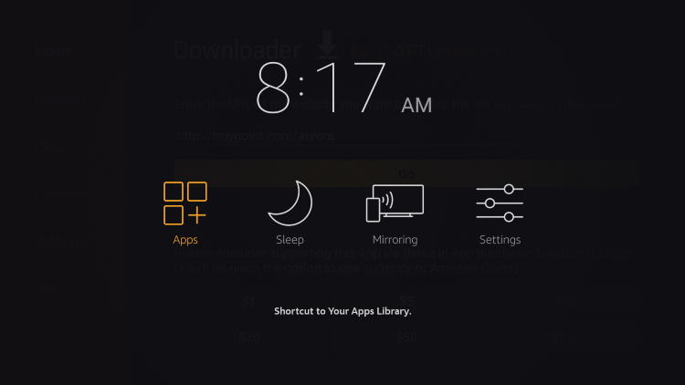 Maintenez le bouton Accueil de votre télécommande enfoncé jusqu'à ce que la fenêtre Raccourci vers votre bibliothèque d'applications apparaisse. Cliquez sur Apps.
