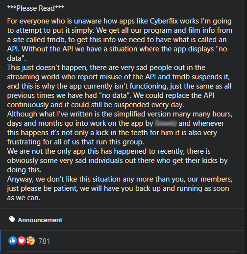 Administrators in the CyberFlix TV Official Facebook Group posted the following on the situation: