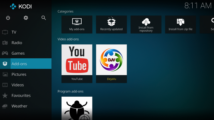 Once the DejaVu add-on has been installed go back to the Home screen of Kodi.