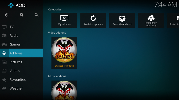 Once the Eyasess Reloaded add-on has been installed go back to the Home screen of Kodi. Click Add-ons