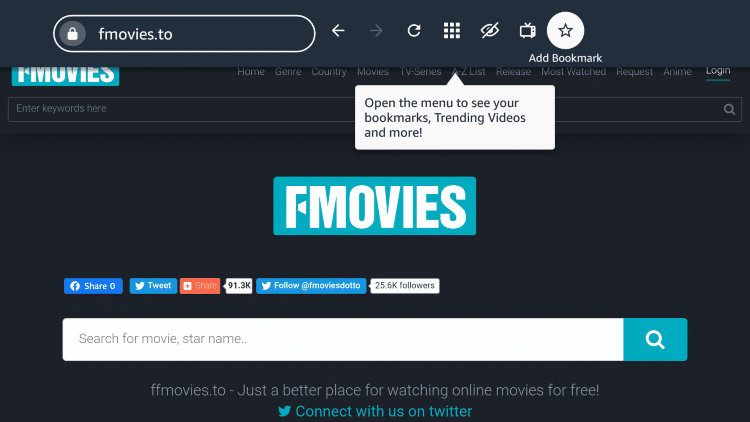 If you want to bookmark the FMovies site, click the star icon that says "Add Bookmark."