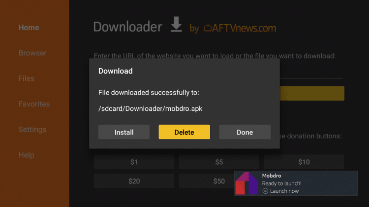 This will take you back to the Downloader App. Click Delete