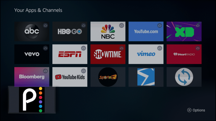 Scroll down to hover over Peacock TV and click the Options button on your remote (3 horizontal lines)