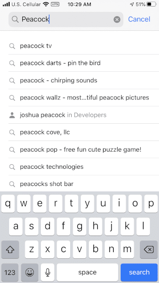 Enter "peacock" within the search bar