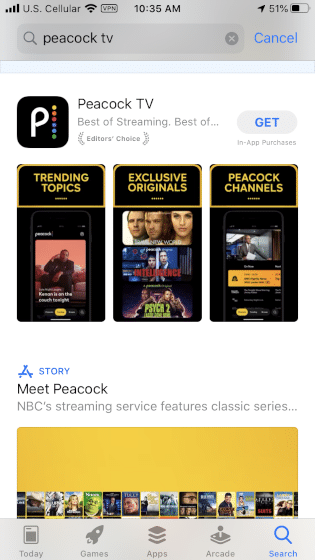 Locate the Peacock TV app and select GET