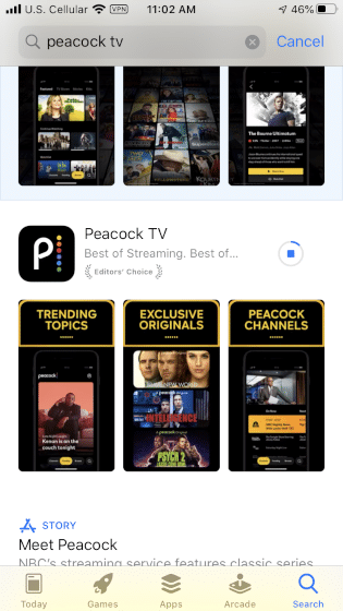 Wait a few seconds for the Peacock TV app to install