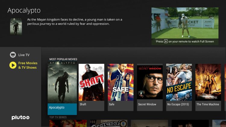 Notice the two options for Live TV and Free Movies & TV Shows that Pluto TV has to offer.