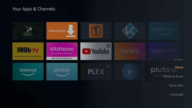 Hover over the Pluto TV app and click the Options button on your remote. Then click Move.
