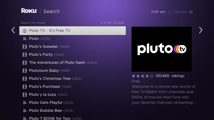 Scroll to the right and select Pluto TV